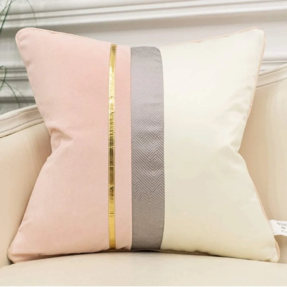 Luxury Home | Chic Pink & Ivory Color Blocked Soft Velvet Throw Pillow Cover